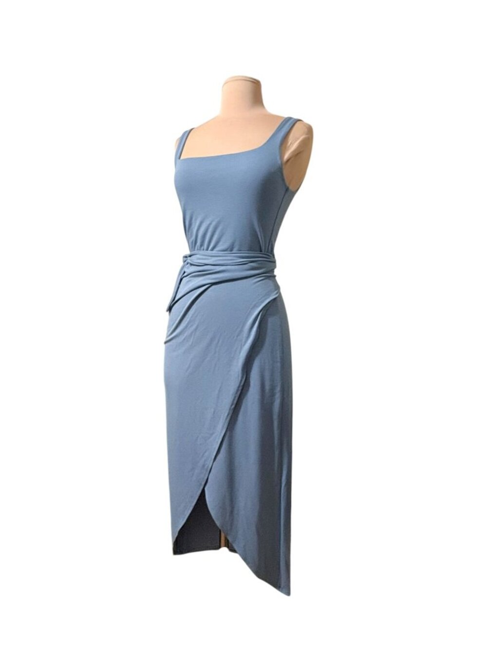 Wilfred Saturn Wrap Midi Dress Small Granite Blue Jersey Stretch Aritzia EUC